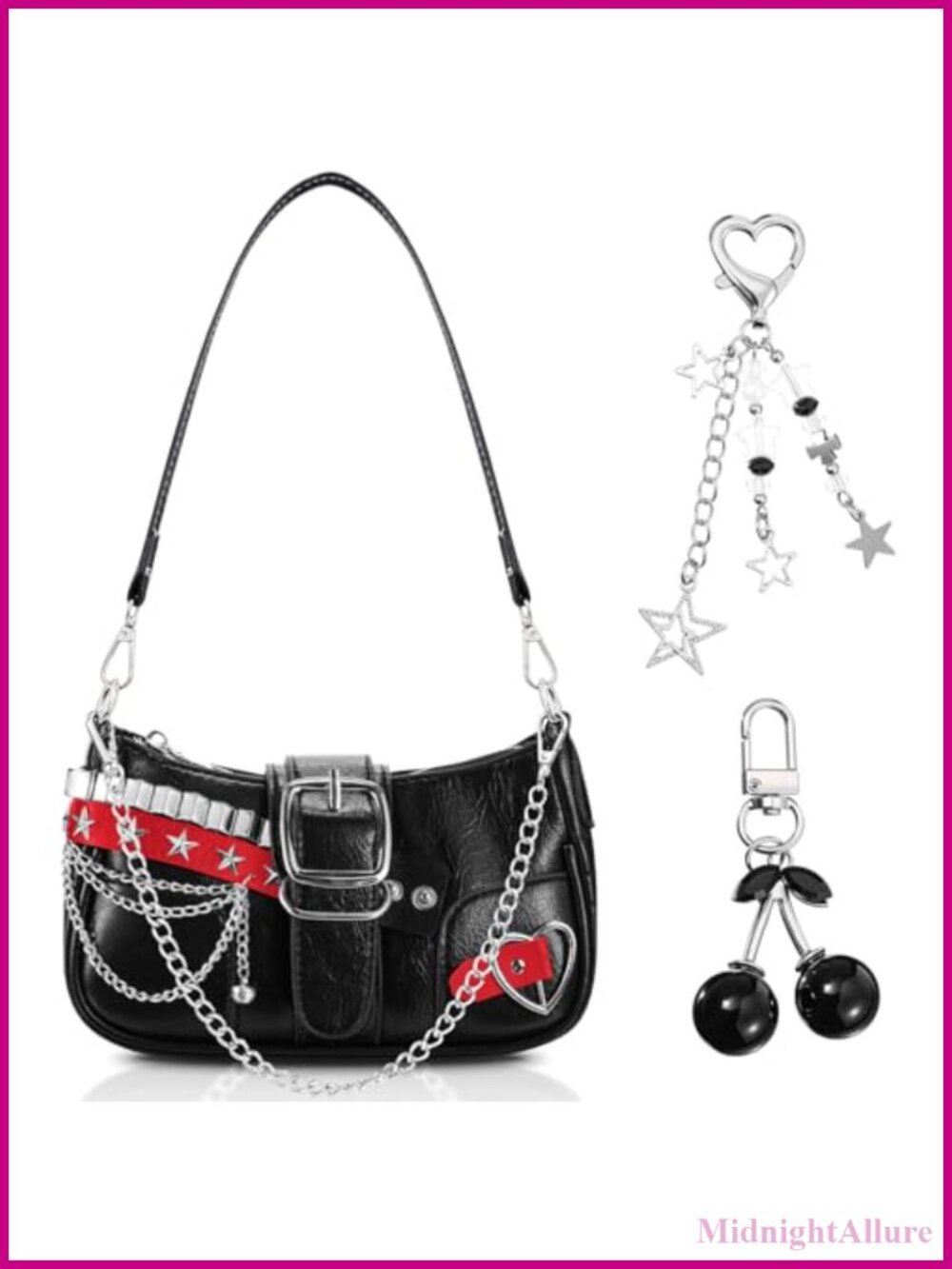 Goth Punk Hobo Shoulder Bag Leather Clutch Handbag with Chains